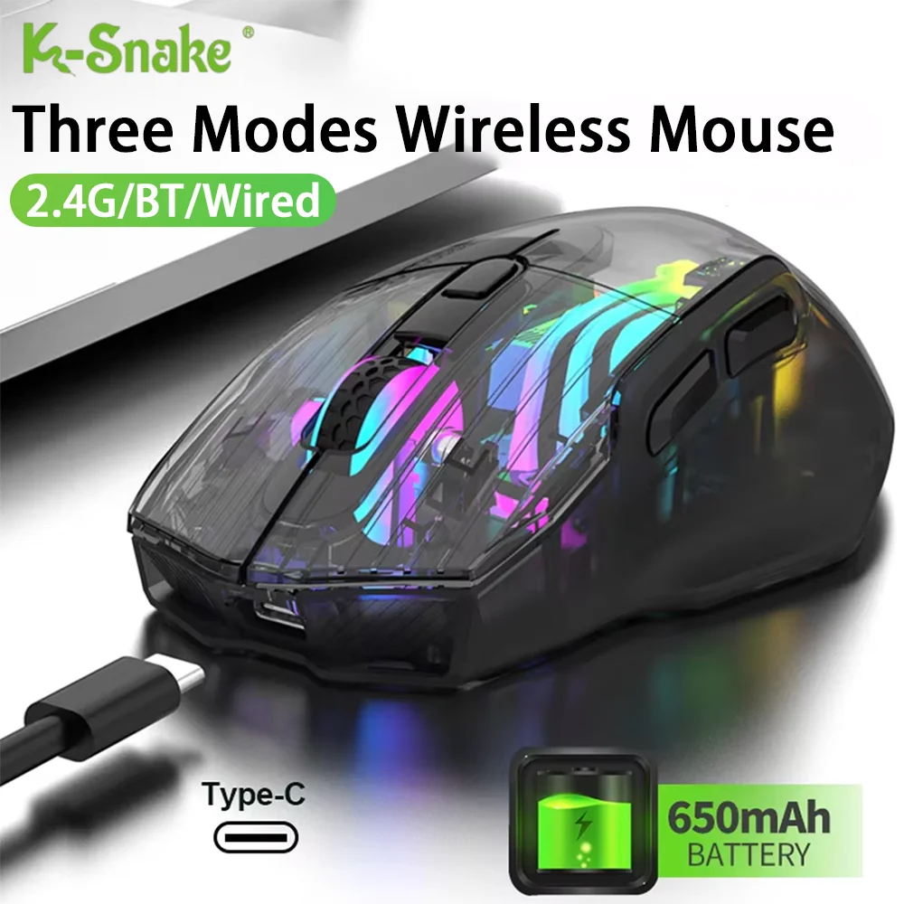 K-Snake Wireless Gaming Mouse RGB Tri-Mode Bluetooth 2.4G Wireless Transparent Mouse Rechargeable Mute Mouse For Laptop Desktop