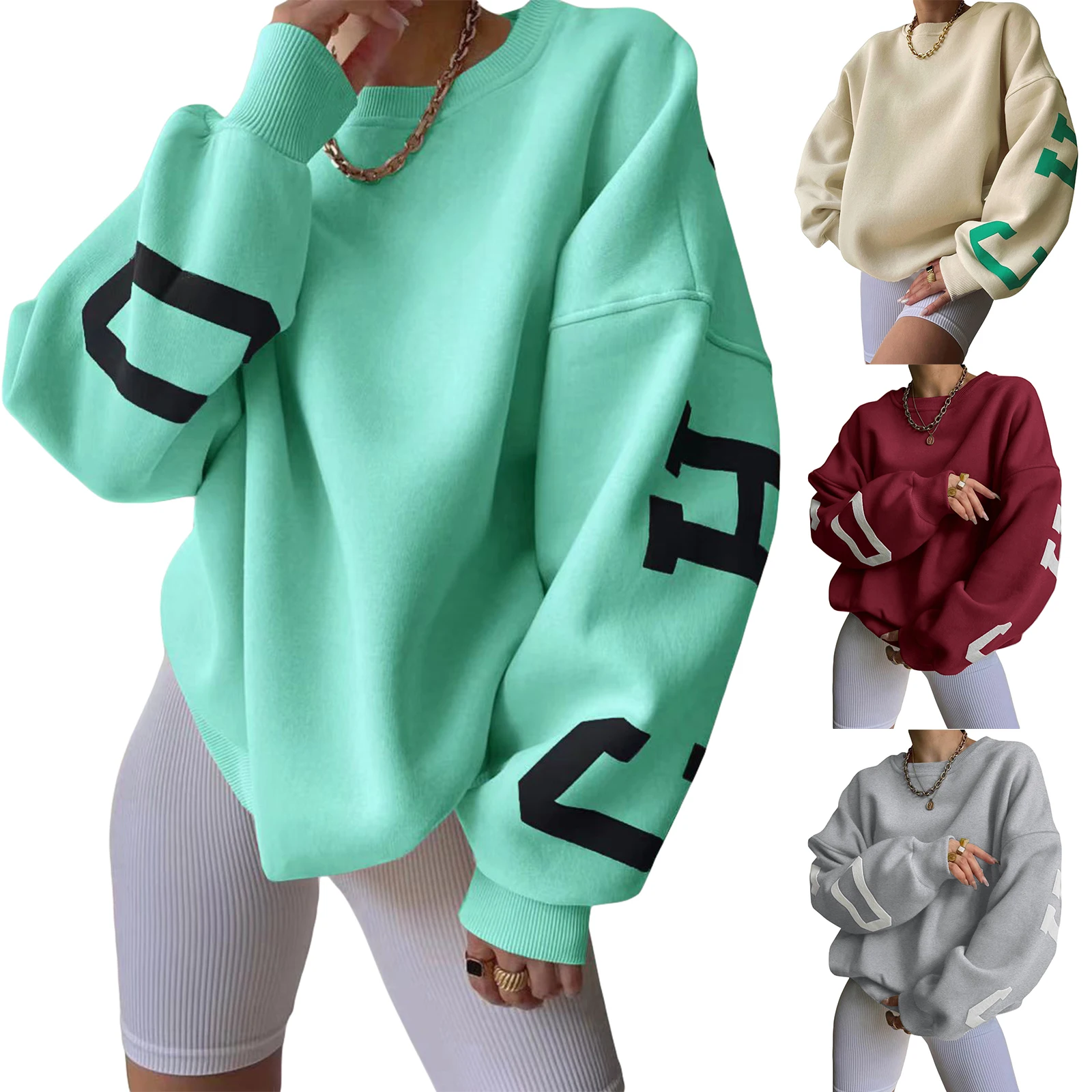 Women Loose Pullover Sweatshirts Letter Print Casual Thickened Long Sleeve Tops Autumn Streetwear