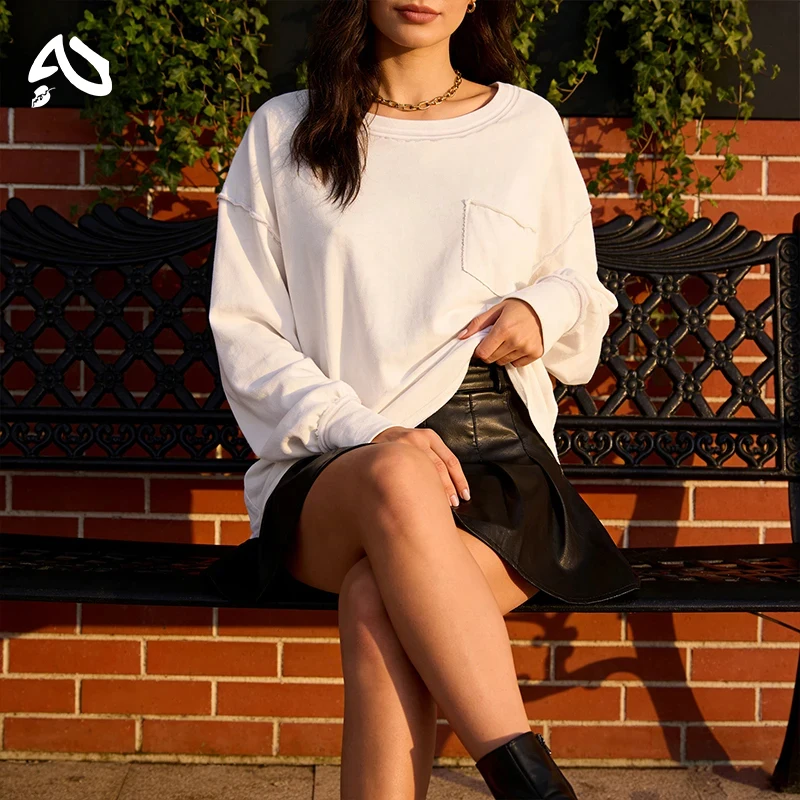 

Женская толстовка из 100% хлопка, осенне-зимняя, новая, однотонная, с круглым вырезом, с длинными рукавами, свободного кроя, спортивная, уличная одежда, оверсайз