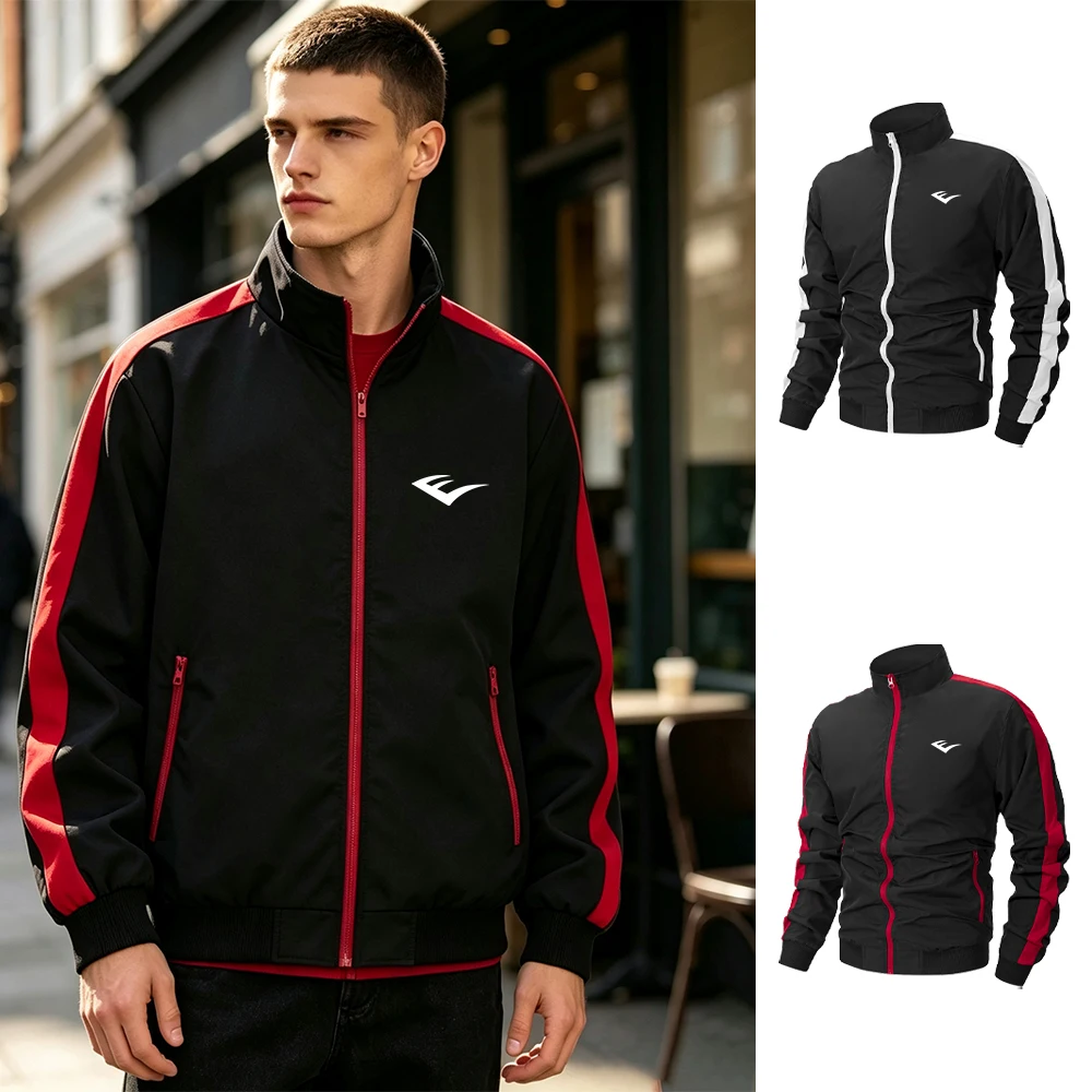 Men's Creative Letter Z Print Jacket Color Block Side Detail Stand Collar Zip Up Suitable For Autumn Fitness Commute And Sports