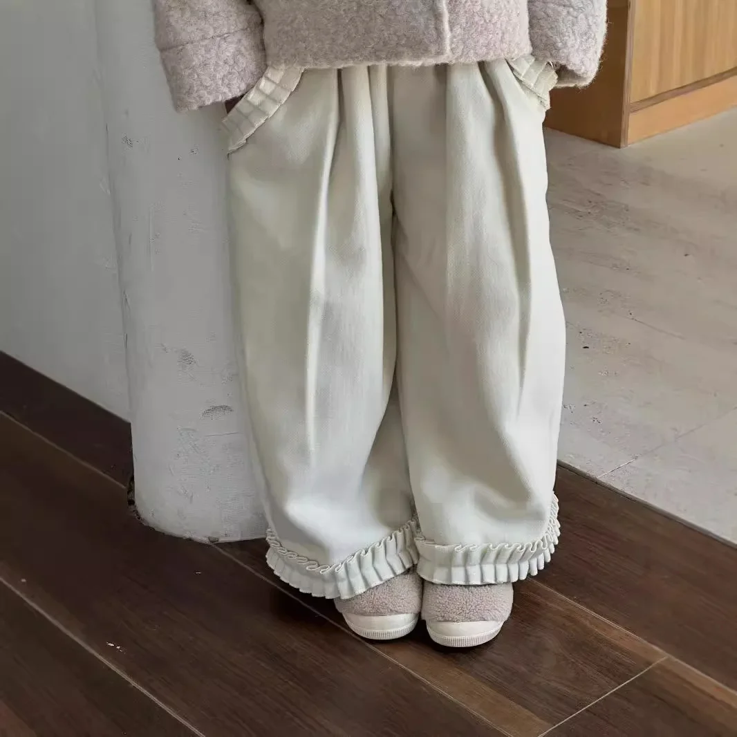 Girls Pants Autumn Winter 2024 New Fashion Wood Ear Edge Girls Flannel Pants Wide Leg Pants Autumn Simple Casual Trousers