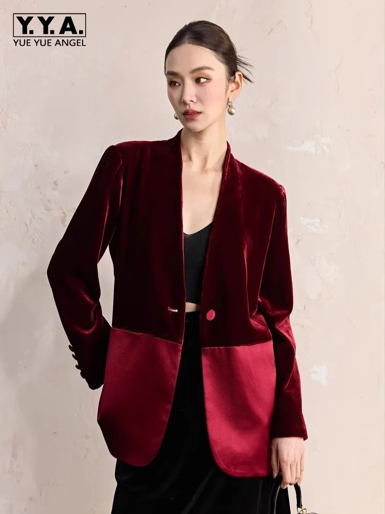 One Button Velvet Spliced Women Blazers Contrast Color Suit Jacket V-Neck Work Lady Loose Fit Outerwear Long Sleeve Autumn Coat