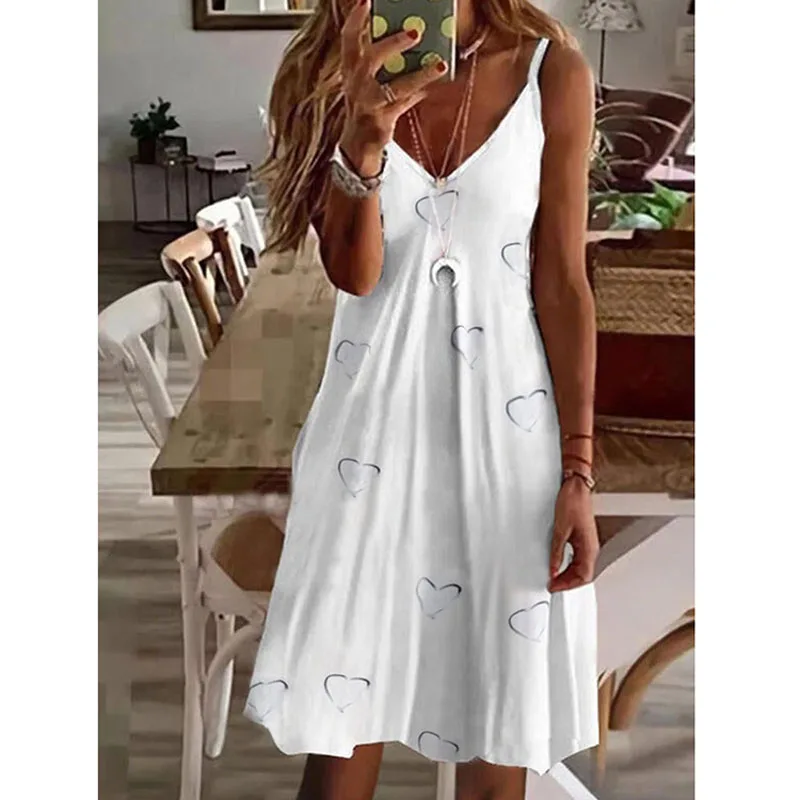 Sexy V-neck Loose Print Slip Dress White Colour Beach Style Embroidery Cotton Blend Summer Sleeveless Pullover Knee Length Dress