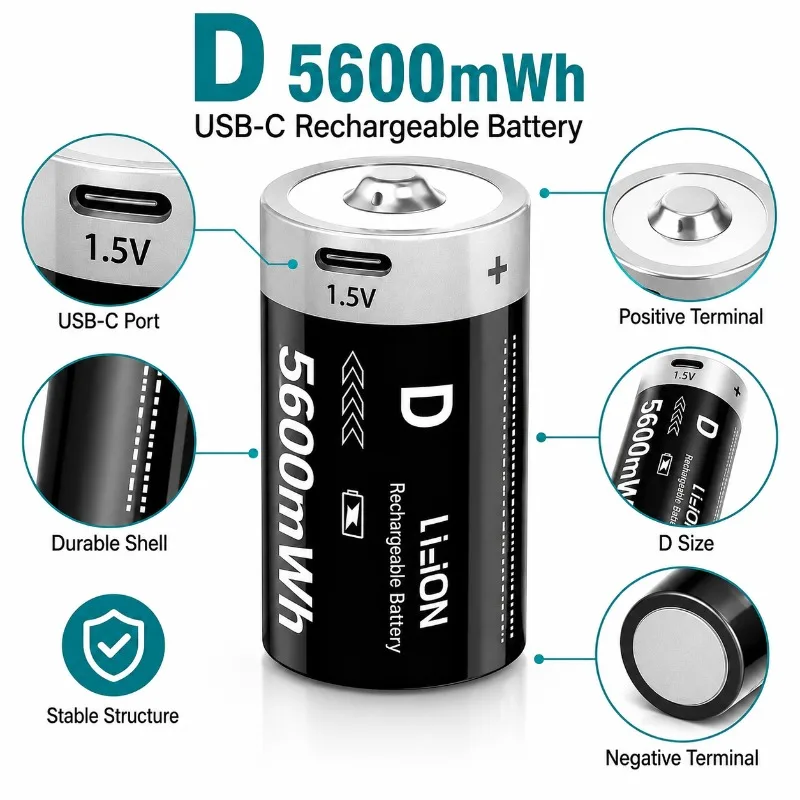 USB Rechargeable C D Size Battery 1.5V 5600mWh High Capacity Lithium Li-ion Battery for Flashlight Water Heater Gas Stove