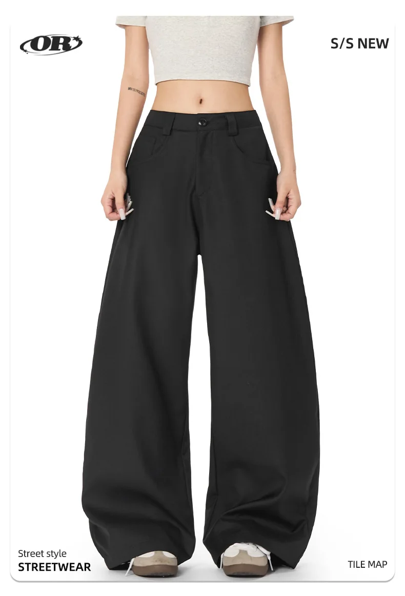 

OR FL Women's Black Curved Knife Suit Pants Advanced Feeling American Cleanfit Wide Leg Staraight Drooping Sensation Slacks Y2k