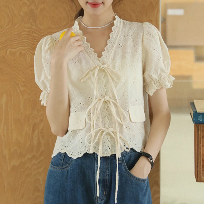 

QOERLIN Korean Chic Summer New Women Lace V Neck Short Sleeve Blouse Tops Shirts Hollow Out Puff Sleeve Casual Tops Blouse Trend