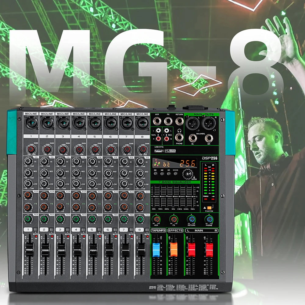 Professioneller Audio-Mixer Depusheng MG8 8-Kanal-Soundboard-Konsole DJ-Mischpult-System-Interface mit eingebautem 256-Reverb-Effekt – Detail 1