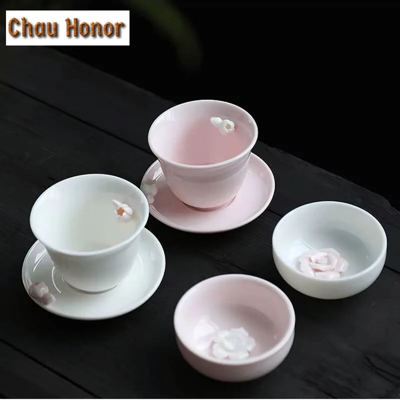 2pc/lot Boutique Pink Mutton Fat Jade Inch Flowers Teacup Tea Bowl Water Jug Tea-tasting Smelling Cup Chazhan Master Cups Cafes