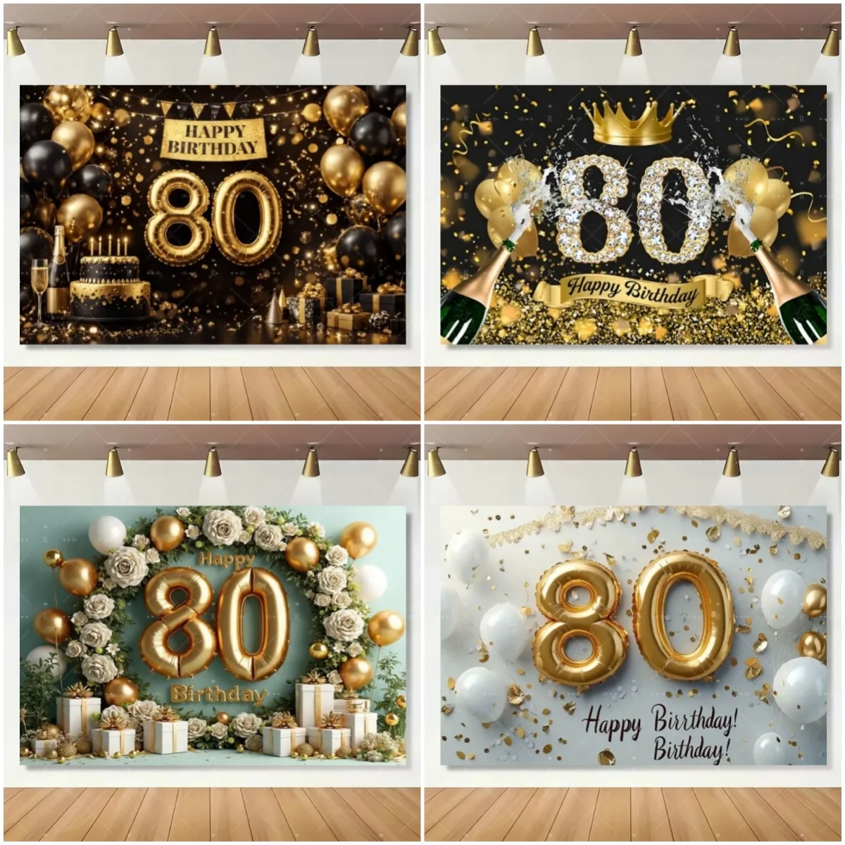 

80th Happy Birthday Party Decoration Background Black Gold Sparkling Balloon Colorful Backdrop Celebrate Photography Props Gifts
