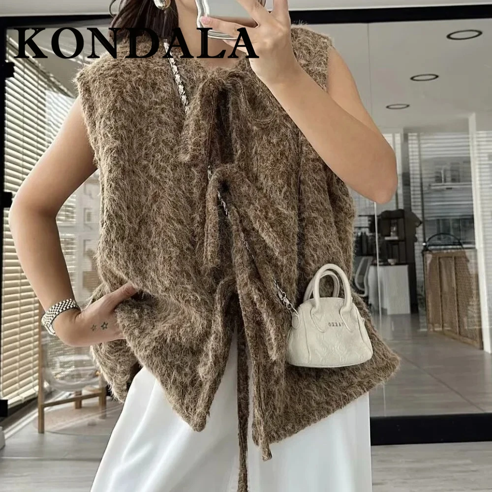 

KONDALA шикарный однотонный коричневый кружевной уличный повседневный роскошный жилет модный 2025 винтажный женский зимний элегантный свободный верх без рукавов