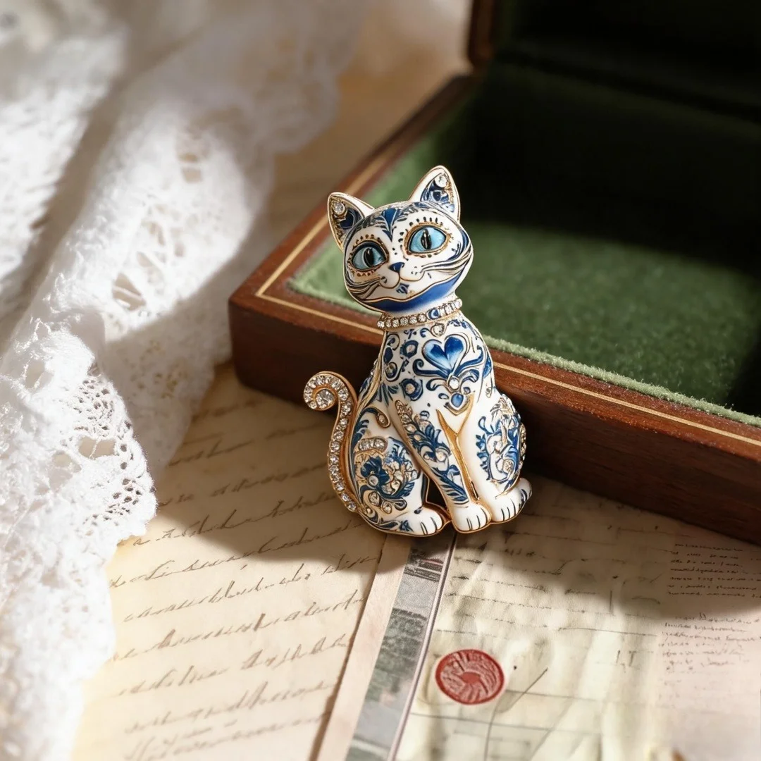 Elegante Vintage-Katzenbrosche, zweifarbig, mit Emaille und Strasssteinen, bemaltes Tiermotiv, geeignet für Damen und Herren, für Büro und Partys. – Detail 5