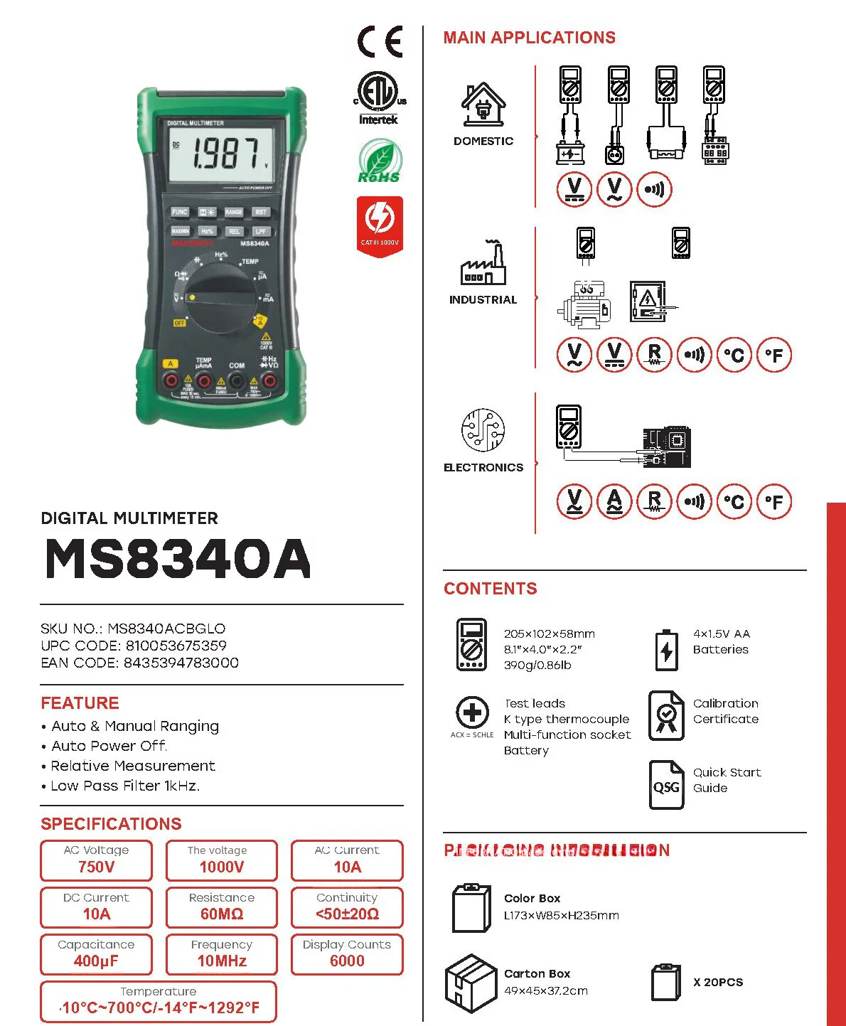 MASTECH MS8340A Digital Multimeter DMM Meter AC/DC Voltage Current Ohm Meter With Temperature Diode Continuity Tester