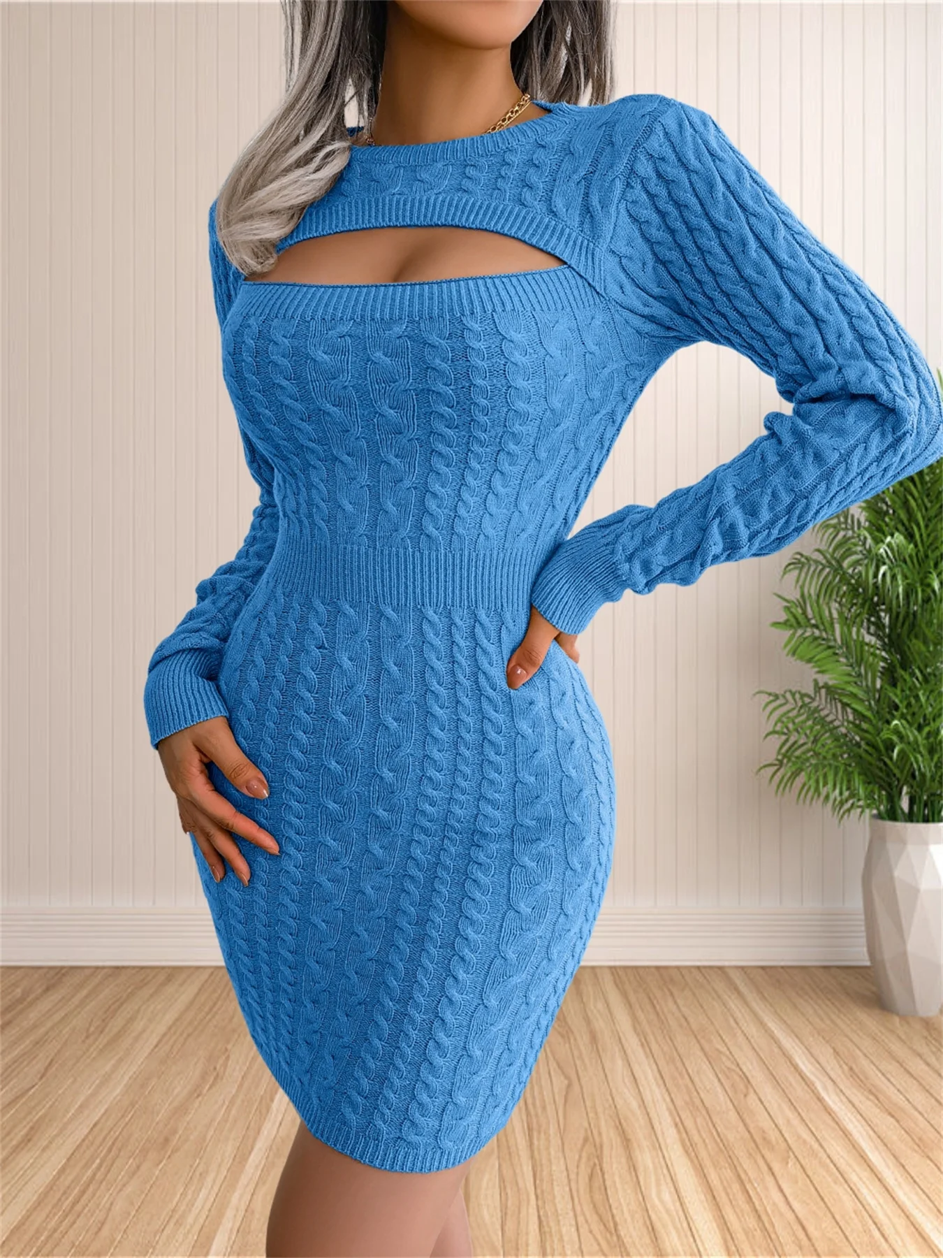 Women\'s Sexy Backless Cable Knit Sweater Dress Long Sleeve Bodycon Midi Dresses for Fall Winter