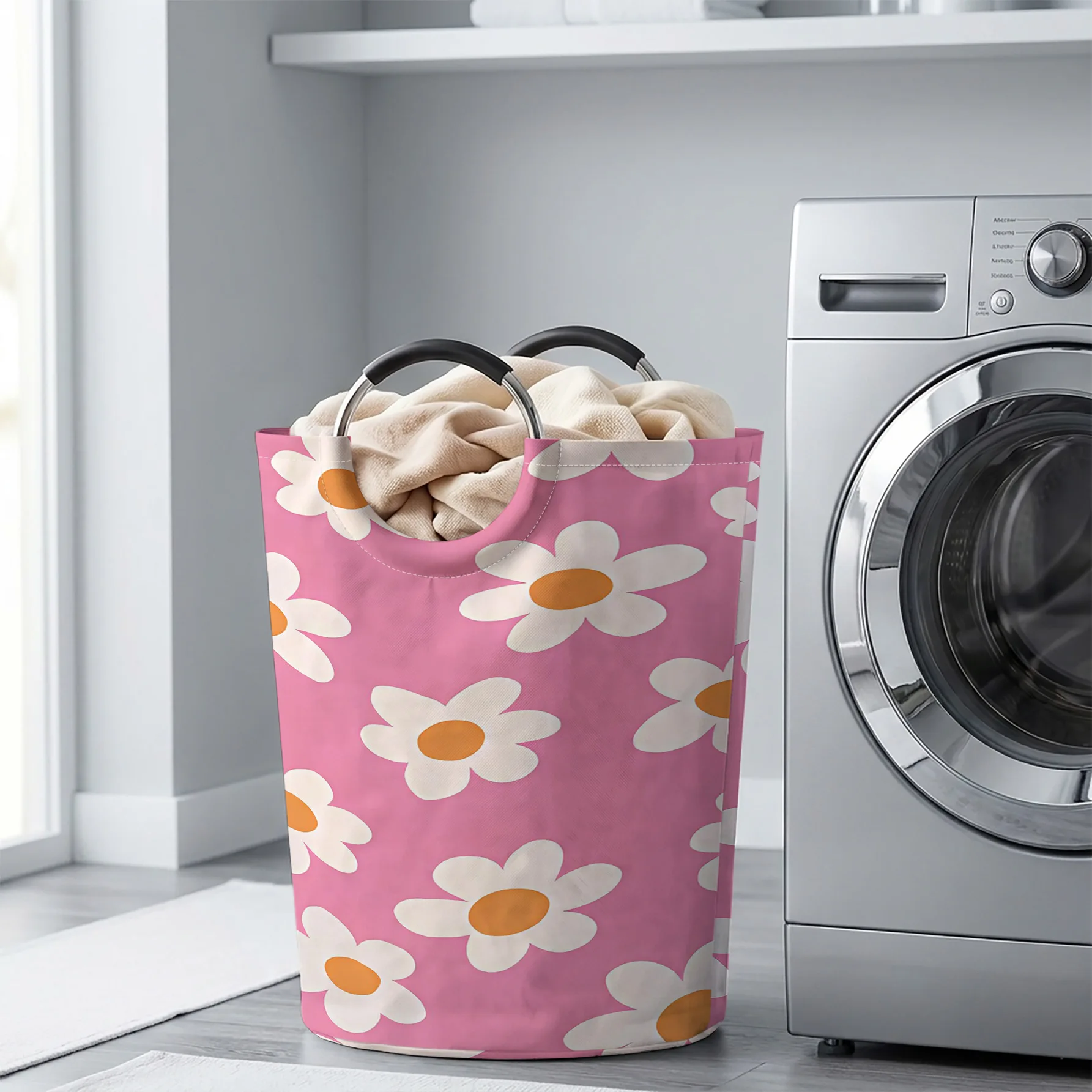Pink Background Daisy All‑Over Print Handheld Storage Basket, For Laundry, Bedroom & Home Sundries Storage