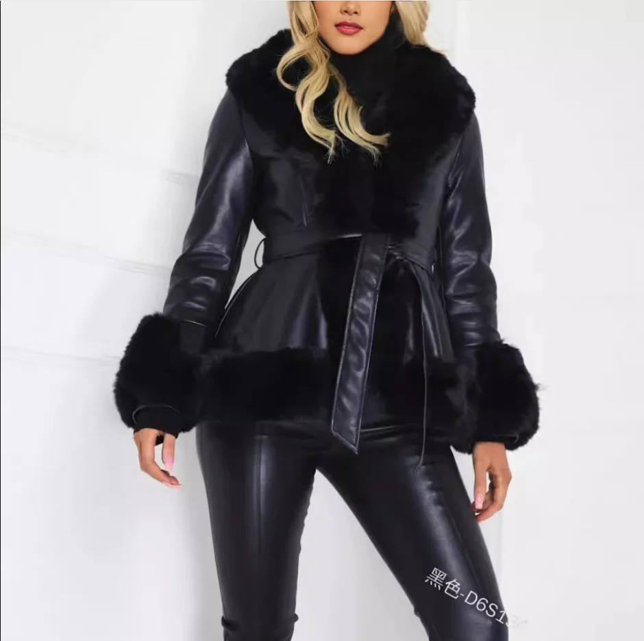 2025 Women's Casual Warm imitation Rabbit Hair Patchwork Leather Jacket Fashion Lapel Long Sleeve Belt Short Coat Winter New