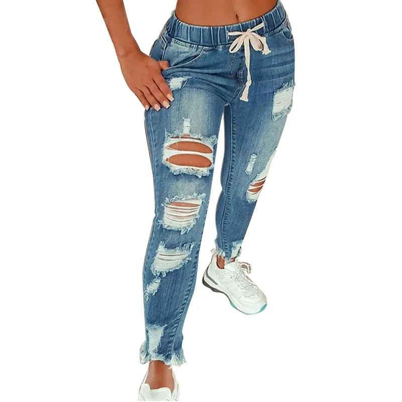 2022 Hot Sale Women Ripped Elastic Waist Jeans Fashion Slim High Stretch Denim Pencil Pants Large Size Trousers S-5XL Drop Ship