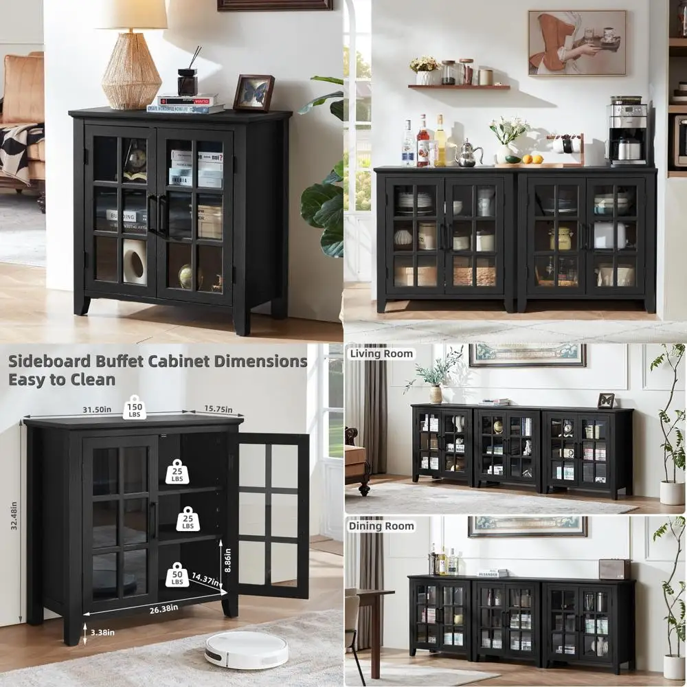خزانة بوفيه جانبية كبيرة على طراز المزرعة مع مساحة تخزين، 32 خزانة بار نبيذ القهوة تتميز ببابين زجاجيين، مود منتصف القرن #1