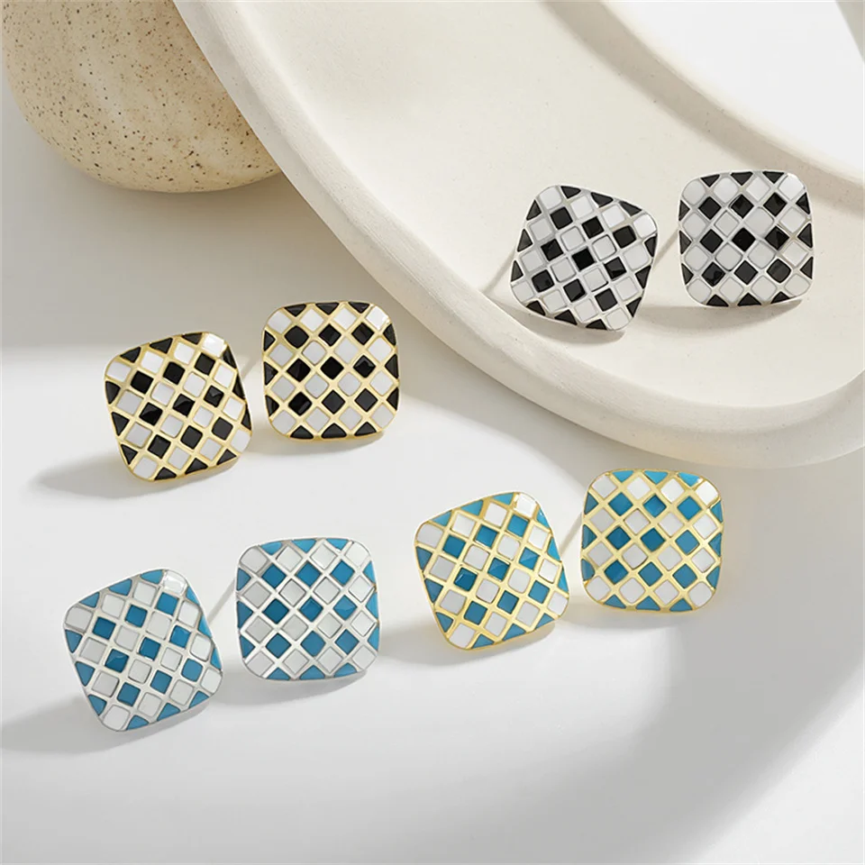 

Personalized Mosaic Enamel Earrings for Women Retro Irregular Fashion Stainless Steel Jewelry Epoxy Square Checkerboard Earrings