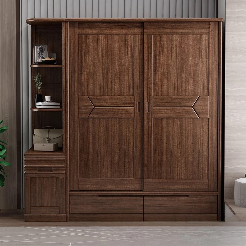 

Walnut solid wood wardrobe two door sliding wardrobe simple modern bedroom large wardrobe