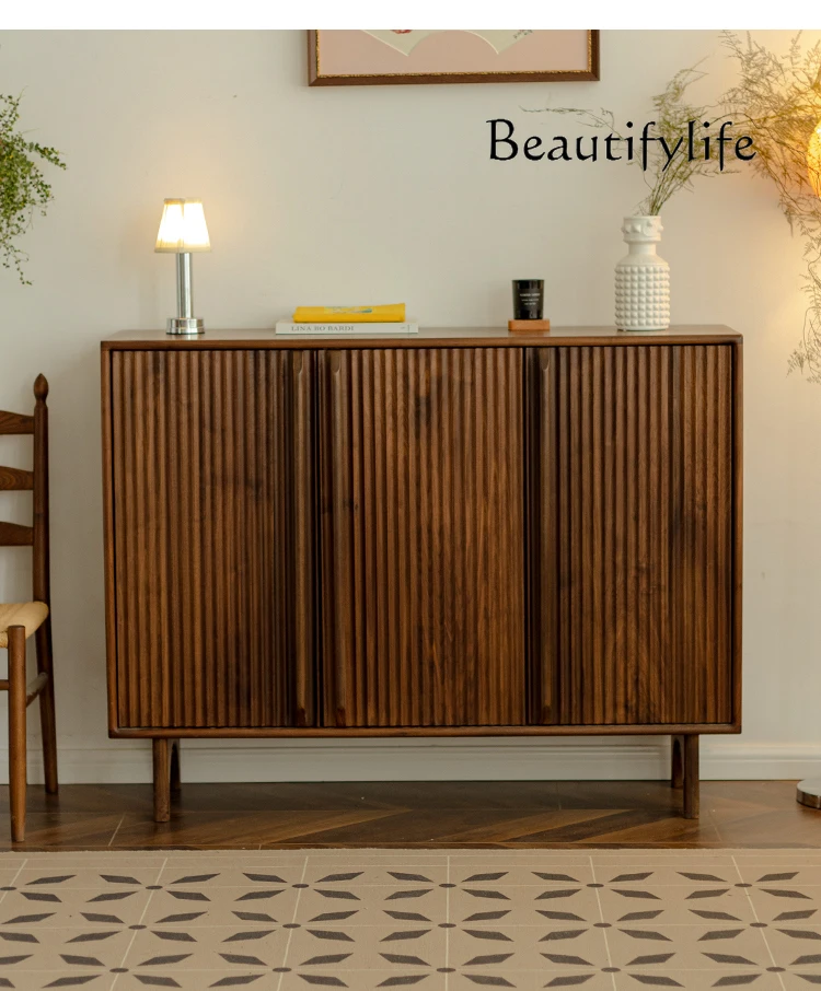 Home Retro Large Capacity Doorway Storage Cabinet Black Walnut Solid Wood Nordic Entrance Cabinet