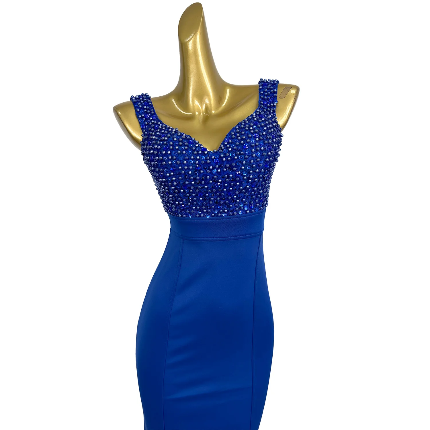 Seksowna Elegancka Niebieska Długa Sukienka Spandex Rybka Suknia Urodzinowa Sesja Zdjęciowa Studniówka Gala Perły Cekiny Sukienka Wieczorowa