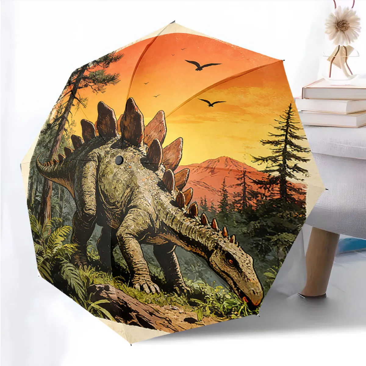 1PC Dinosaur Adventure on a Rainy Day Print 8 Iron Ribs Folding Umbrella Auto-Open Fashion Sunshade