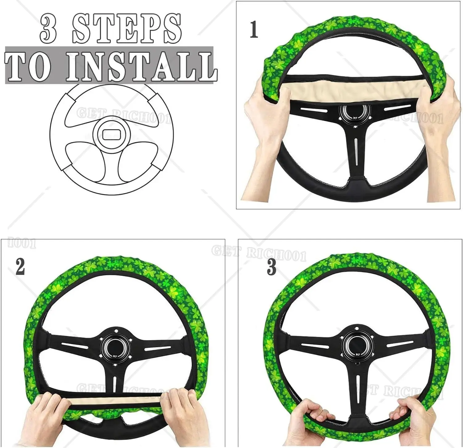 럭키 클로버 세인트 패트릭의 스티어링 휠 커버, 미끄럼 방지 탄성 자동차 액세서리, 스티어링 휠 보호대, 범용 15 인치