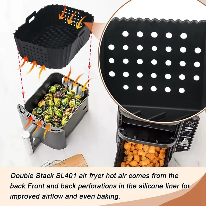 Стабильные вкладыши для фритюрницы Ninja SL401, двойной штабелируемый 2-корзина, многоразовые прямоугольные перфорированные силиконовые вкладыши для фритюрницы