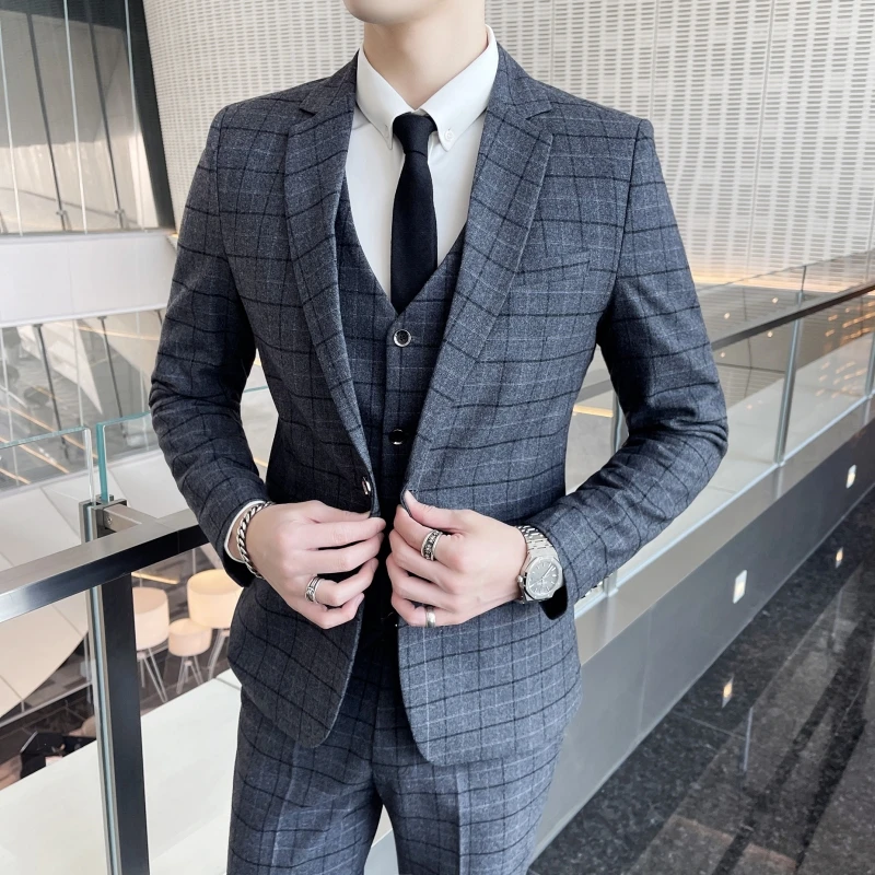 High-quality cotton texture (suit + vest + trousers) Wedding suit men\'s fashion business trend boutique casual plaid suit three-