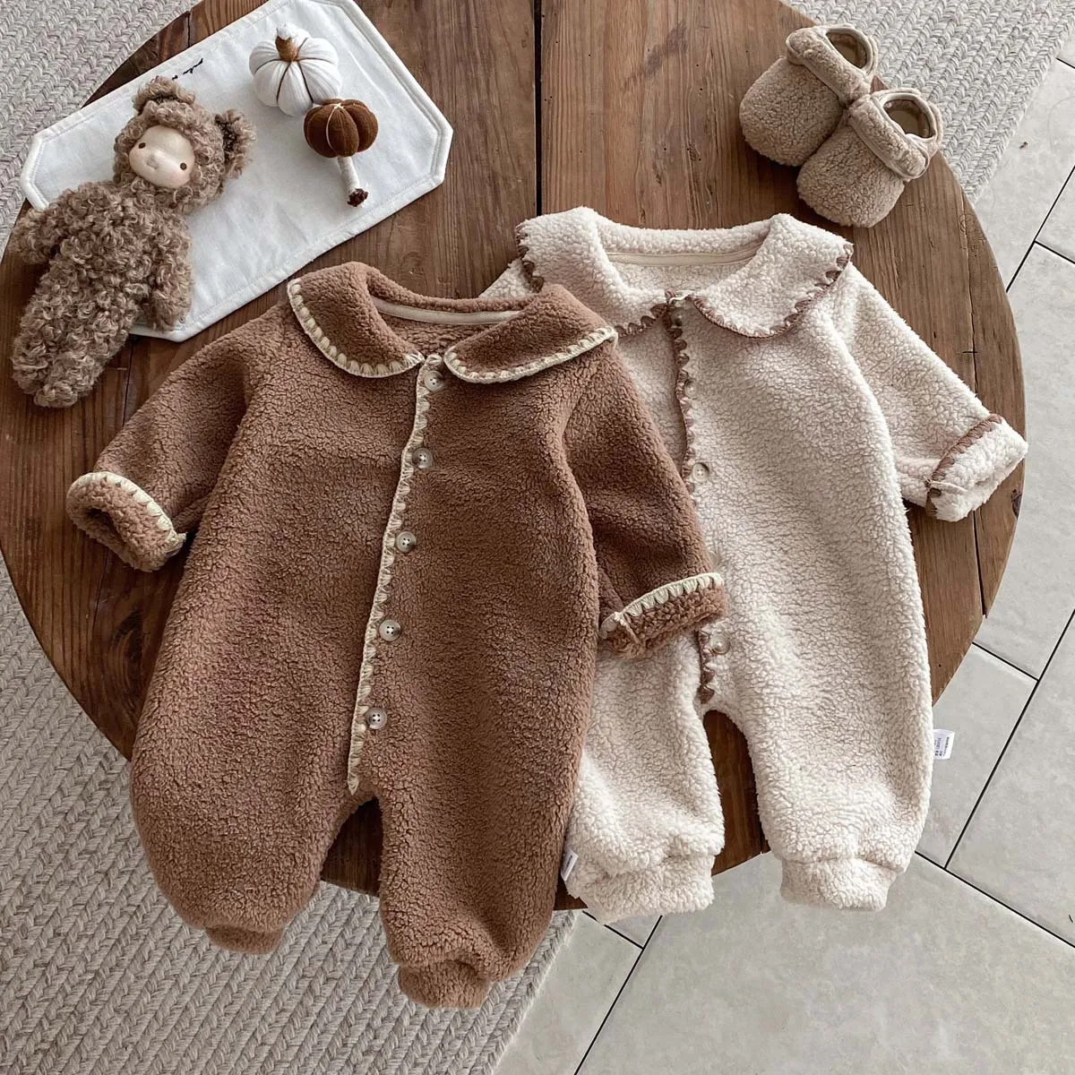 

Baby Jumpsuit Autumn Winter New Double-sided Fleece Girls Boys Long Crawling Clothes For Warmth Long Sleeves