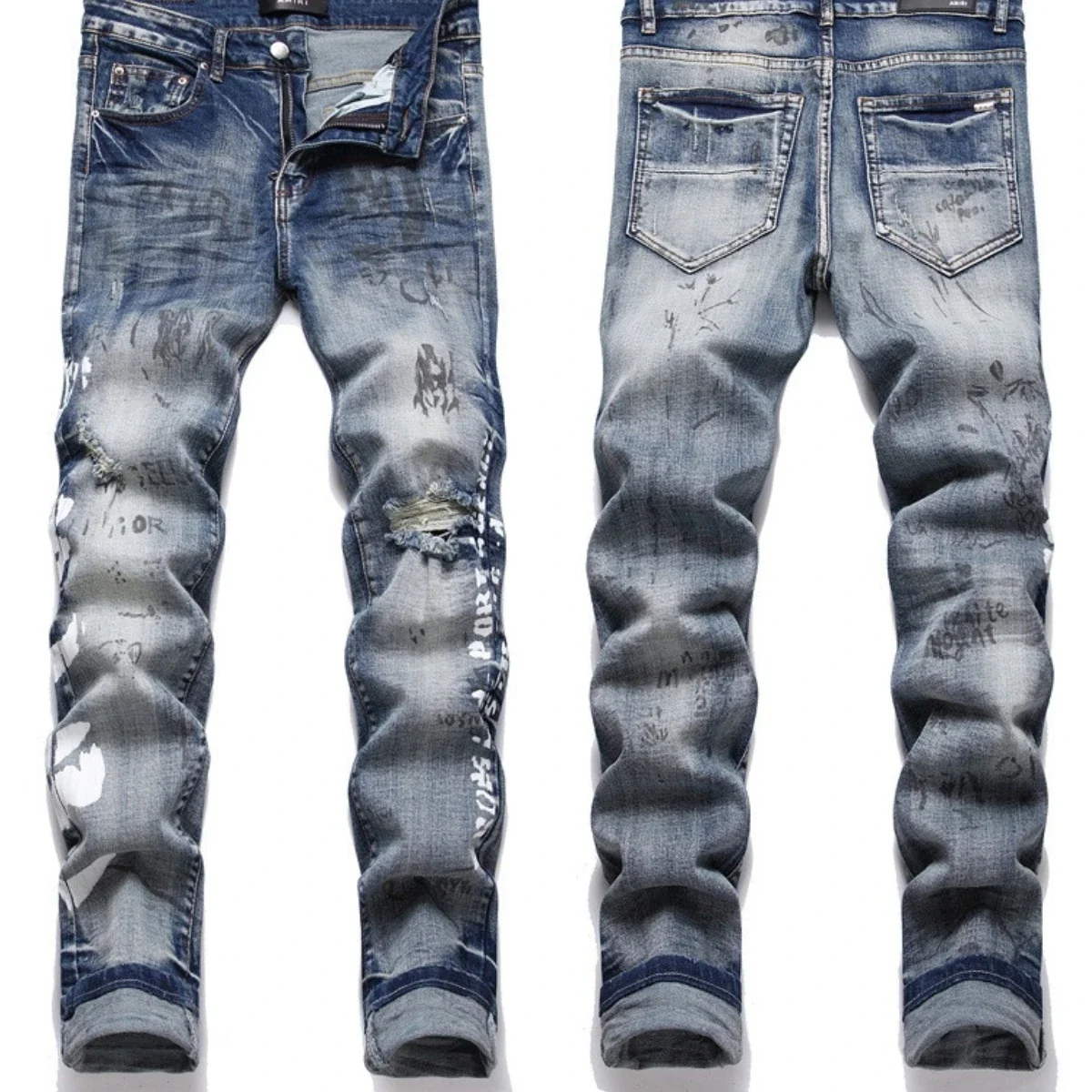 Calça jeans masculina bordada à mão, padrão de estilo nacional, personalidade algodão, calças finas elásticas altas, 3D High Street Wash Hole, caveira 4