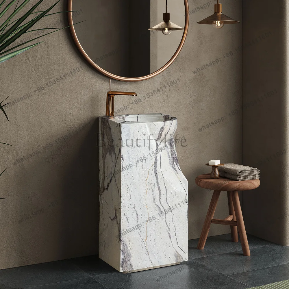 Modern simple natural travertine granular column basin small apartment integrated floor imitation marble pattern hand wash basin