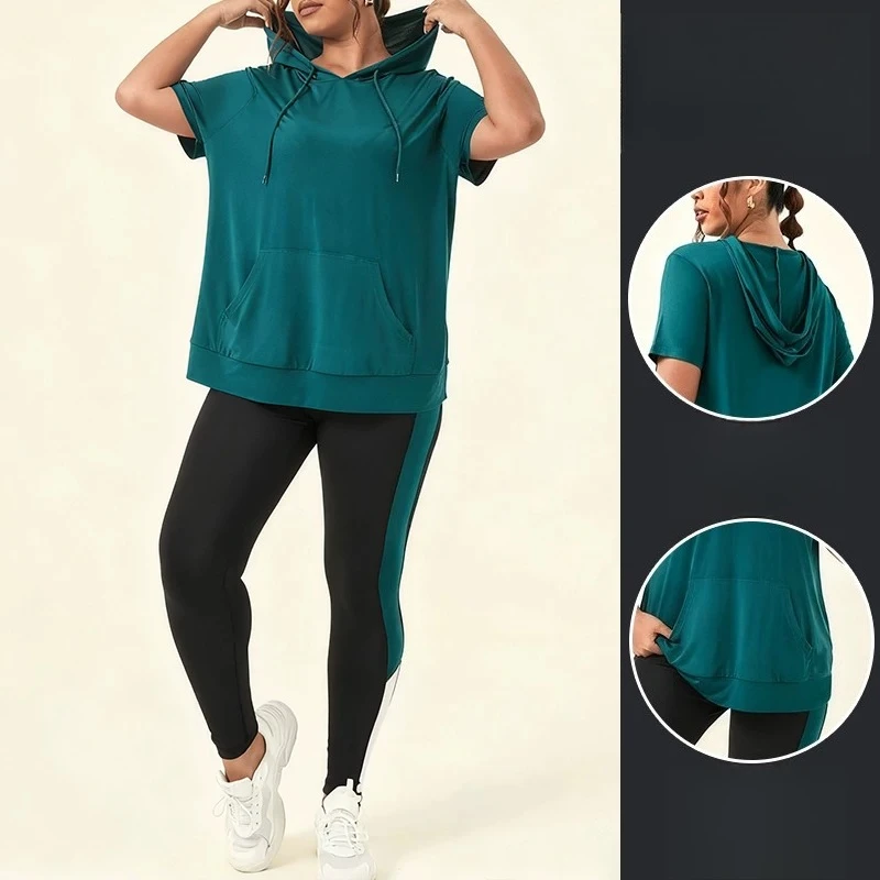 Plus Size Women 2 Yoga Piece Workout Running Sets High Waisted Tummy Control Biker Long Sleeve Hooded Tops Jogging Homme