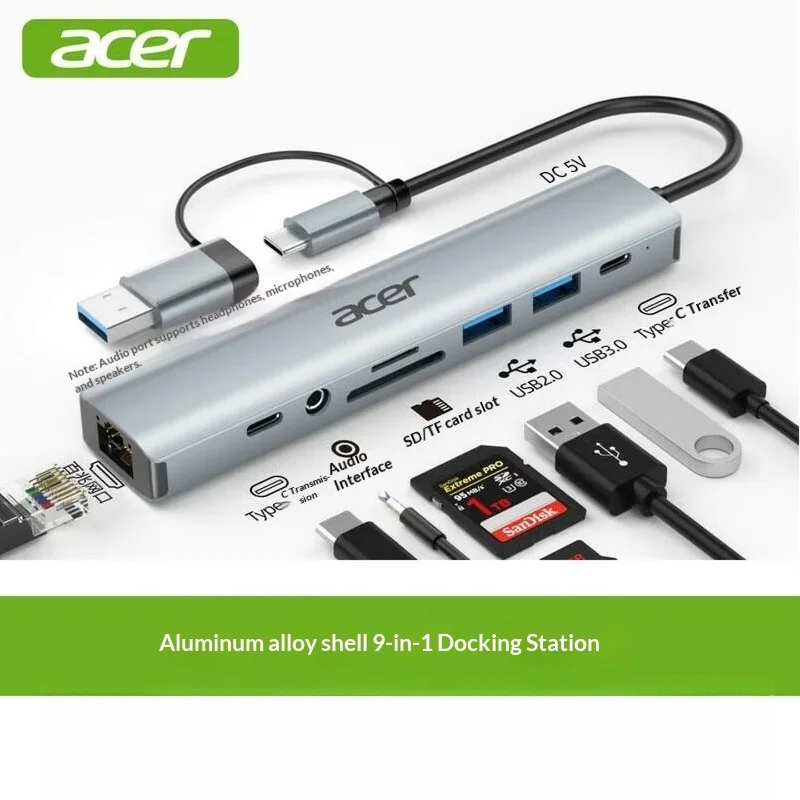 Acer Type-C 9-in-1 docking station USB splitter converter with card reader HY41-T9  network port [USB+C port+TF/SD])