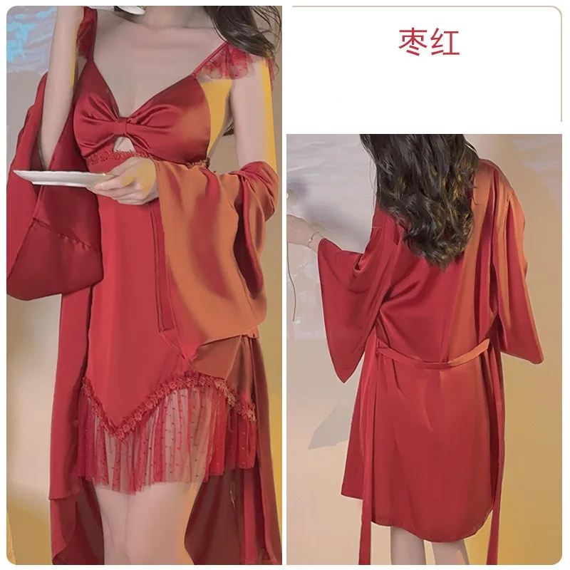 2 Pieces Women Robe Set Lace Sleepwear Nightdress Loungewear Summer Kimono Gown Sleep Suit Satin Bathrobe Nightgown Homewear