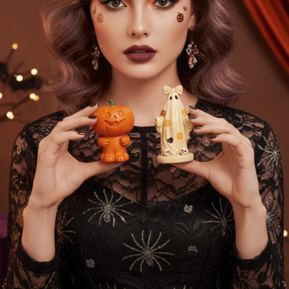 Resin Halloween Figurine Vibrant Orange Cute Design Spooky Statue Durable Quality Handpainted Surface Ghost Ornament Teen Room