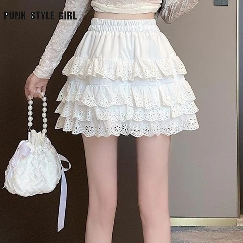 

2024 Summer White Cake Mini Kawaii Women's Skirt High Waist French Style Preppy Style Elastic Waist Fairycore Casual Skirts