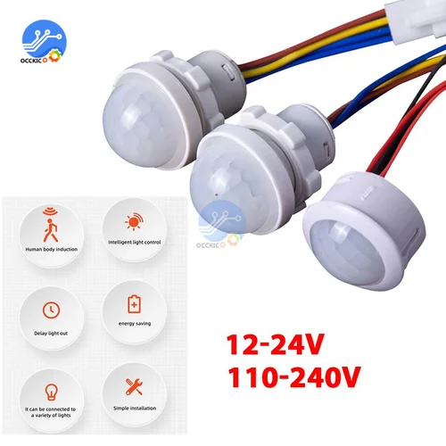 AC110-240V DC12-24V interruptor de luz con Sensor automático LED PIR Sensor de movimiento por infrarrojos detección Mini luz nocturna sensible LED