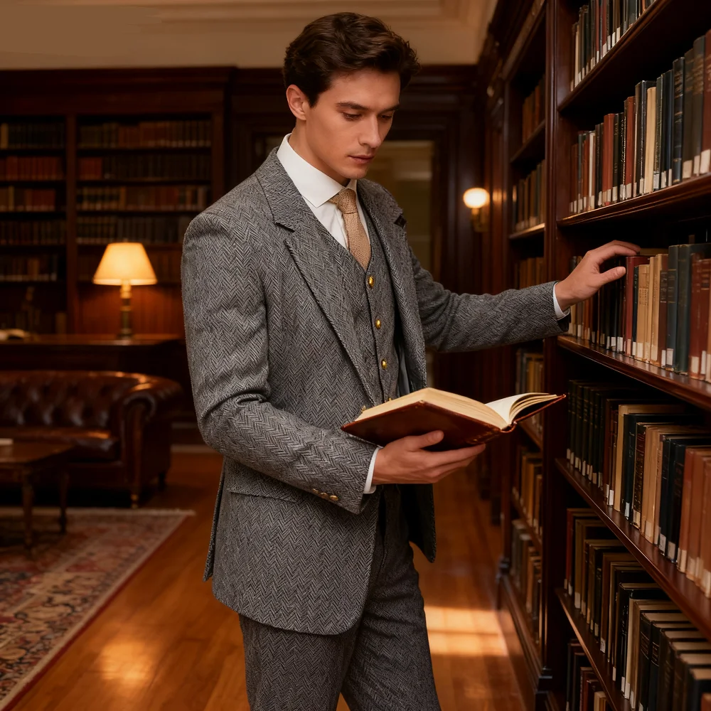 

Коричневый твидовый мужской деловой костюм из акульей кожи, куртка из трех предметов, жилет, брюки, деловой свадебный уход