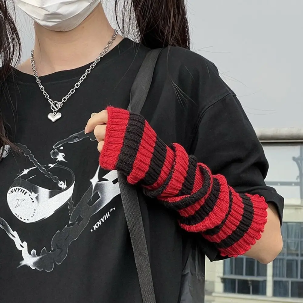 Cute Y2K Striped Knitted Arm Sleeves Lolita Long Fingerless Arm Warmers Gothic Style Mittens Arm Warm Gloves Halloween