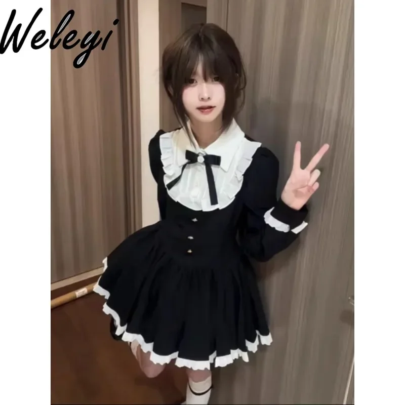 

Japan College Style Long Sleeve Bow Dress Student Female Winter 2024 New Premium Retro Women's Contrasting Color Black Dresses