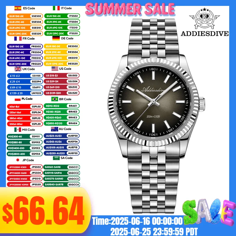 

ADDIESDIVE Watch For Man 36mm BGW9 Super Luminous Sapphire Glass 10Bar Waterproof Jubilee Strap VH31 Movement Quartz Watches