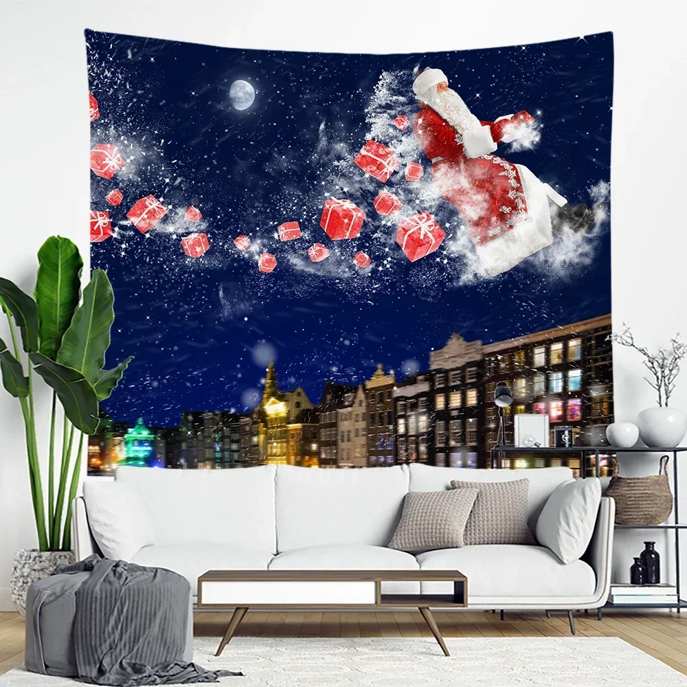 Christmas Tapestry Snowflakes Santa Claus Winter Night Hanging Cloth Fireplace Home Decor Christmas Wall Decorations for Home