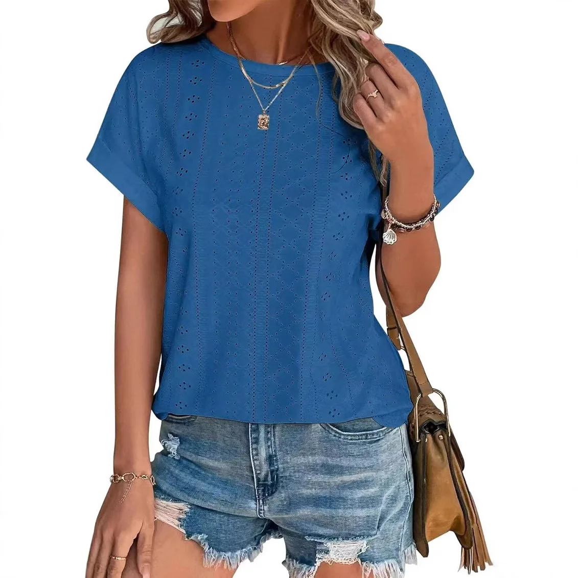 

Summer Solid Color Hollow Round Neck Short Sleeved Perforated Casual T-shirt Top for Women