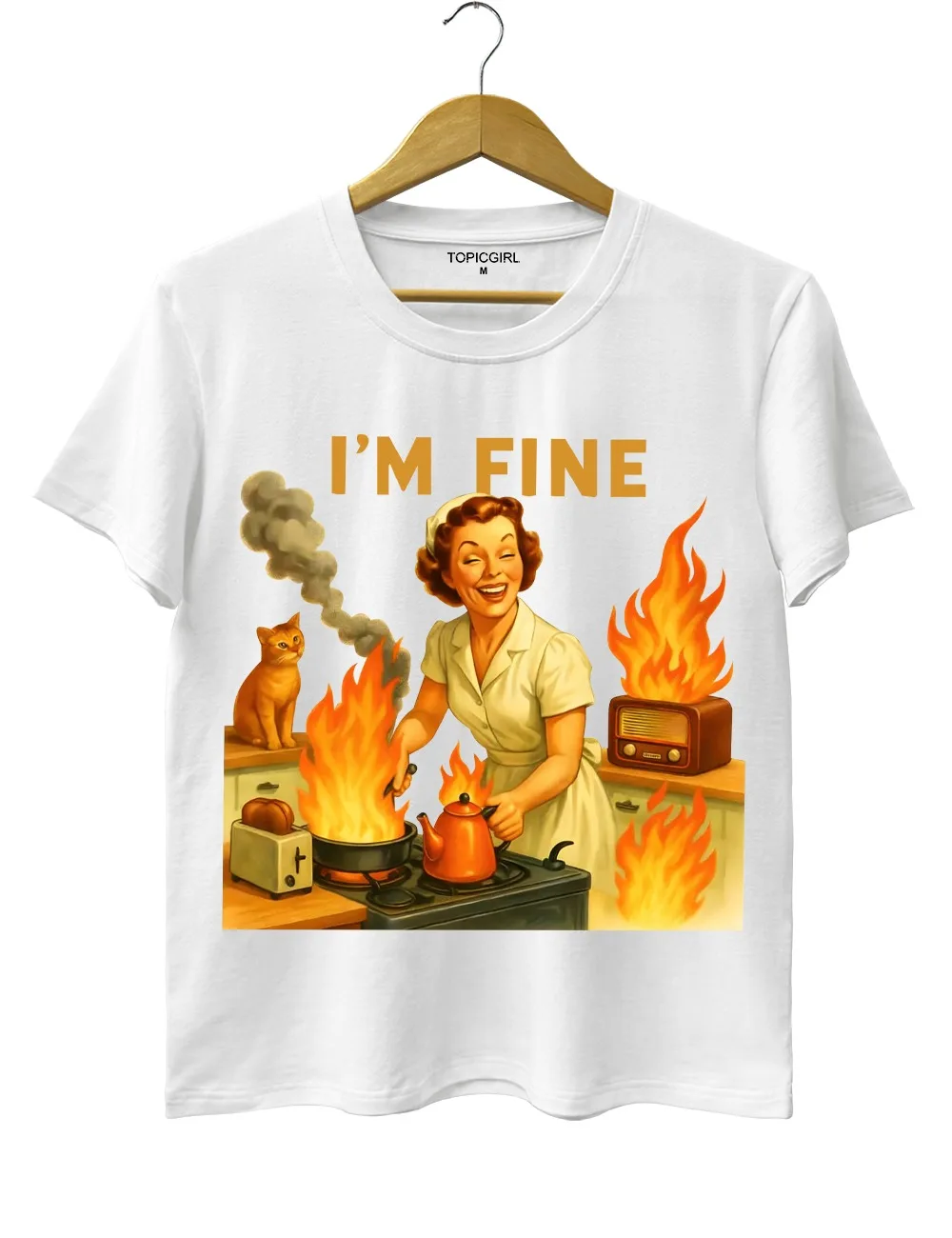 I Am Fine Retro Housewife T-Shirt , Funny Vintage Kitchen Fire Tee, 1950s Humor Graphic