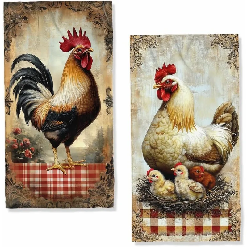 2 chicken farm towels, absorbent farmhouse retro cock and hen bathroom kitchen towels