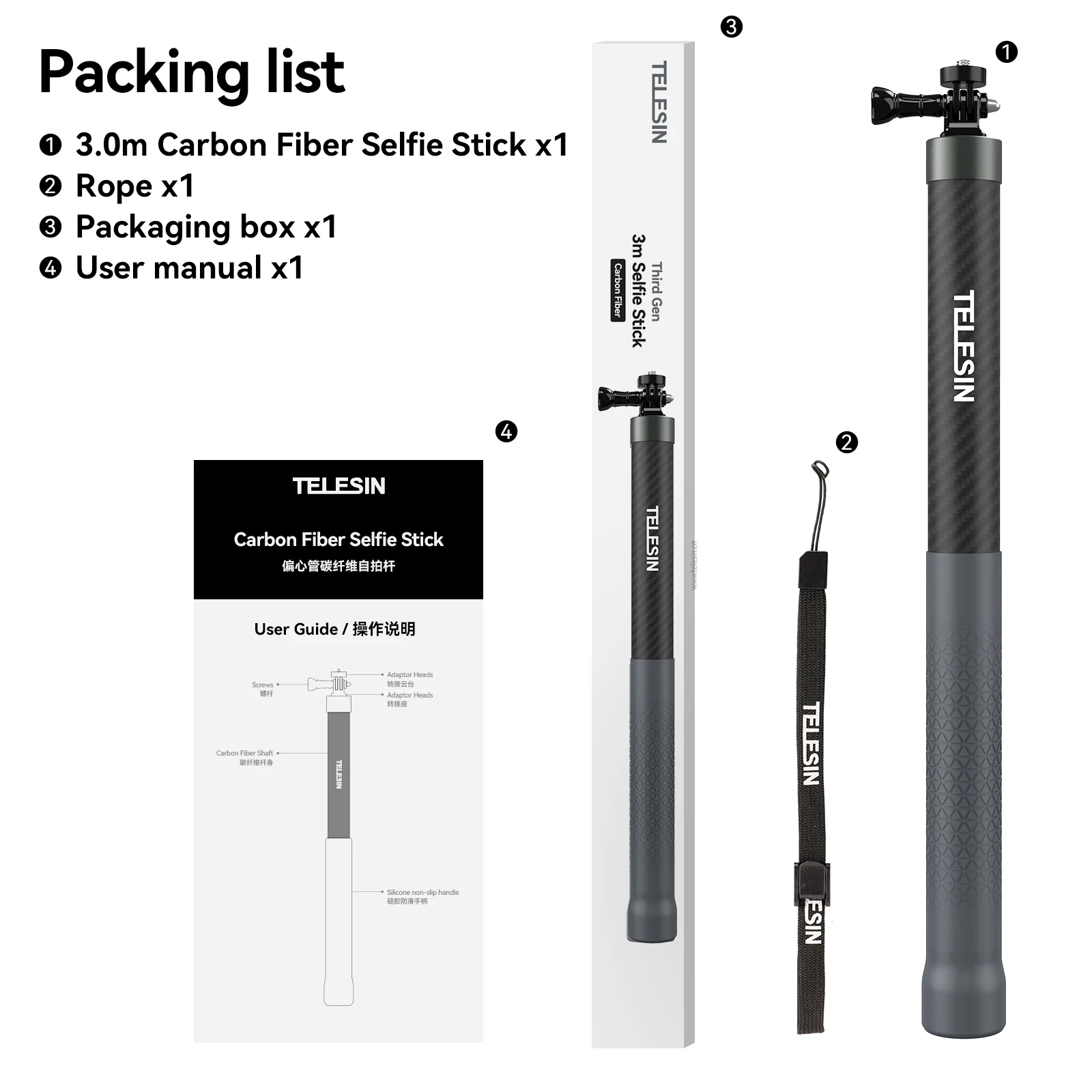 Telesin 3M 1,2M Unsichtbarer Carbonfaser-Selfie-Stick für Hero 13 12 11 10 9 DJI Action5 4 3 Insta360 X5 X4 Motorrad-Zubehör – Detail 19