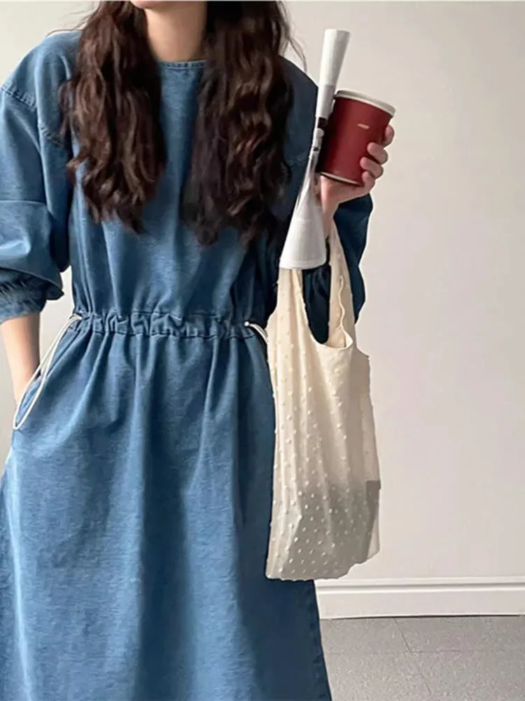 LANMREM Fashion Blue Denim Dress Women Round Neck Lantern Sleeves Drawstring A-line Dresses Casual 2024 Spring New 2AA4417