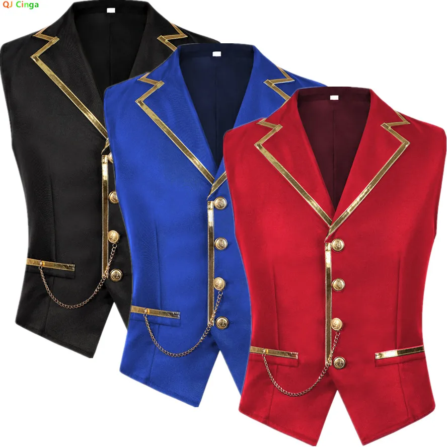 

Мужской красный жилет без рукавов в британском стиле, тонкий жилет с v-образным вырезом на одной пуговице, лоскутное шитье в золотою полоску.
