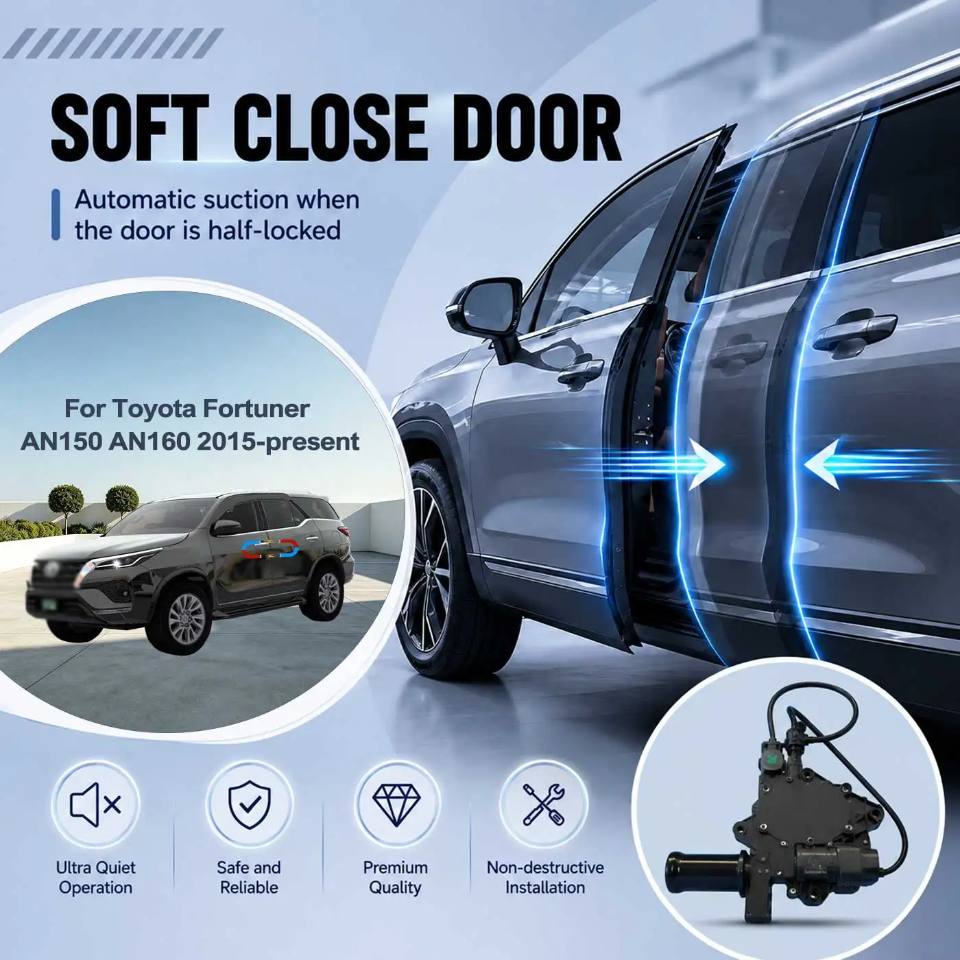For Toyota Fortuner AN150 AN160 2015-present Electric Soft Close Door Auto Pull-In Suction Lock Intelligent Silent Closer Kit